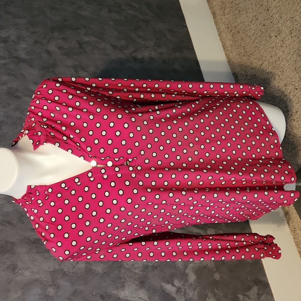 Anne Klein Bright Pink & White Dot Long Sleeve Blouse Sz Medium